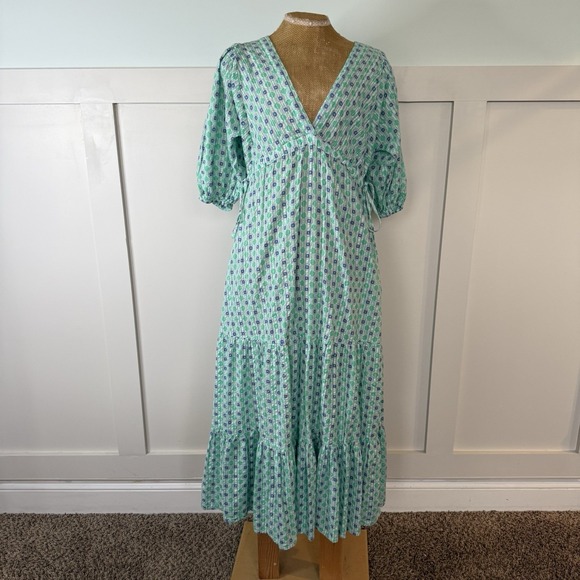 Mango MNG Maxi Dress SMALL Green Open Back Cotton Geometric Tiered Deep V Neck - Picture 2 of 11